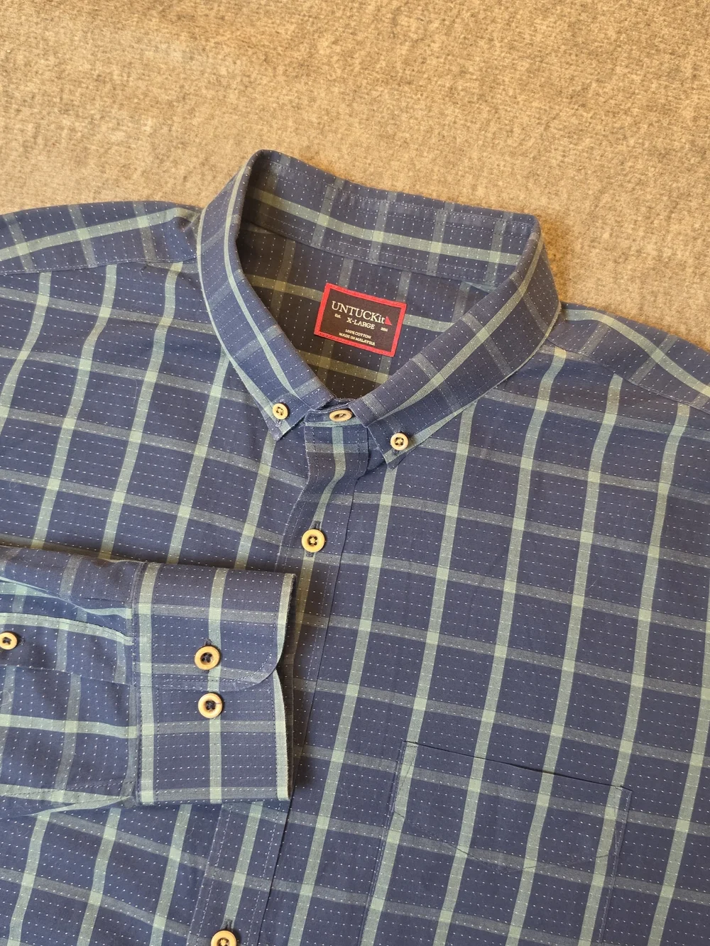 Untuckit Men's Blue Plaid Button-Down Shirt XL Preppy Travel Business Casual
